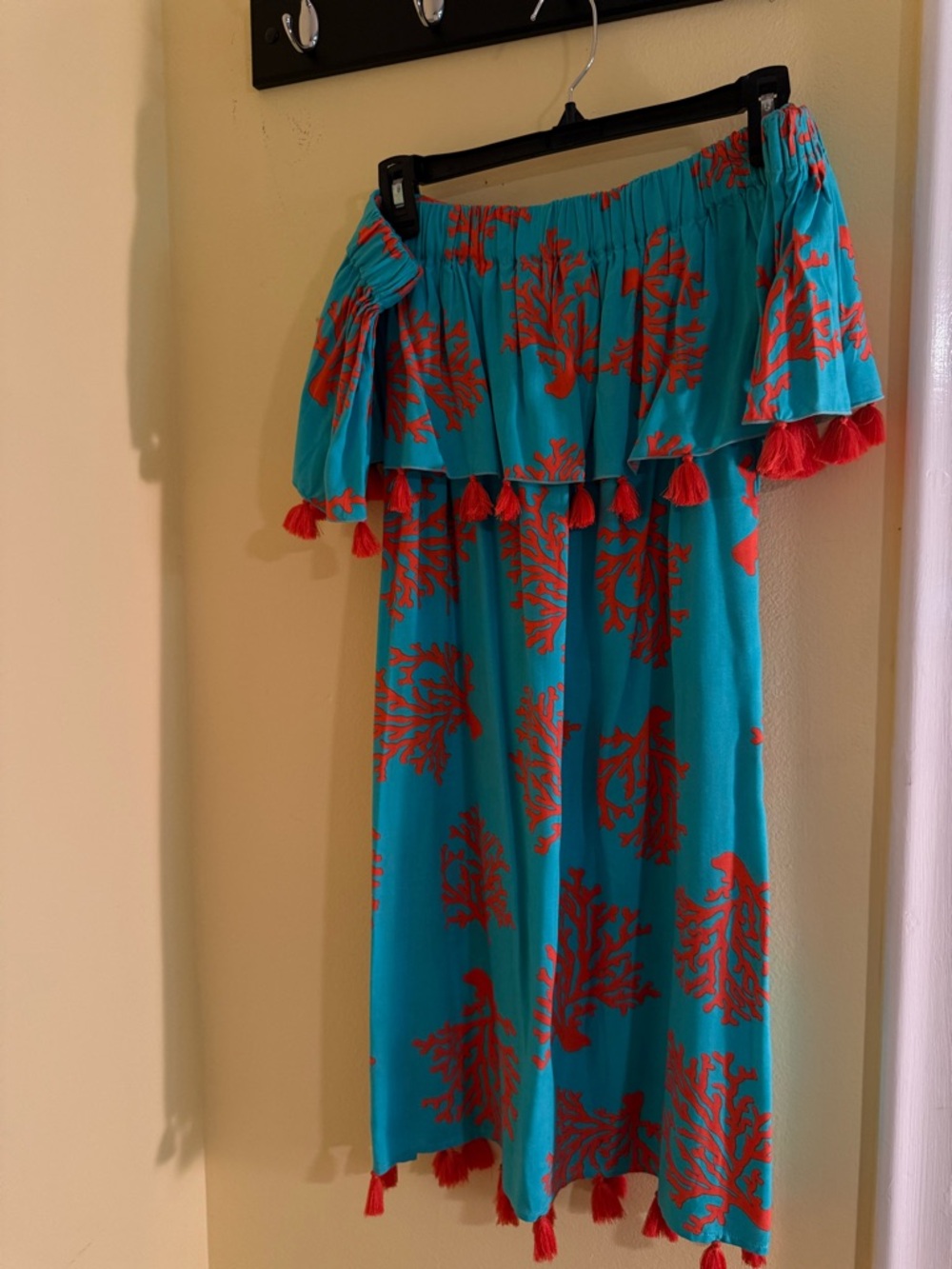 escapada Turquoise Dress with Red Coral Print and Tassels